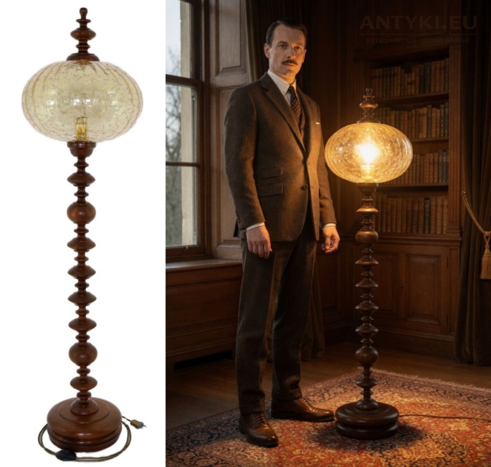 eklektyczna lampa podłogowa z drewna